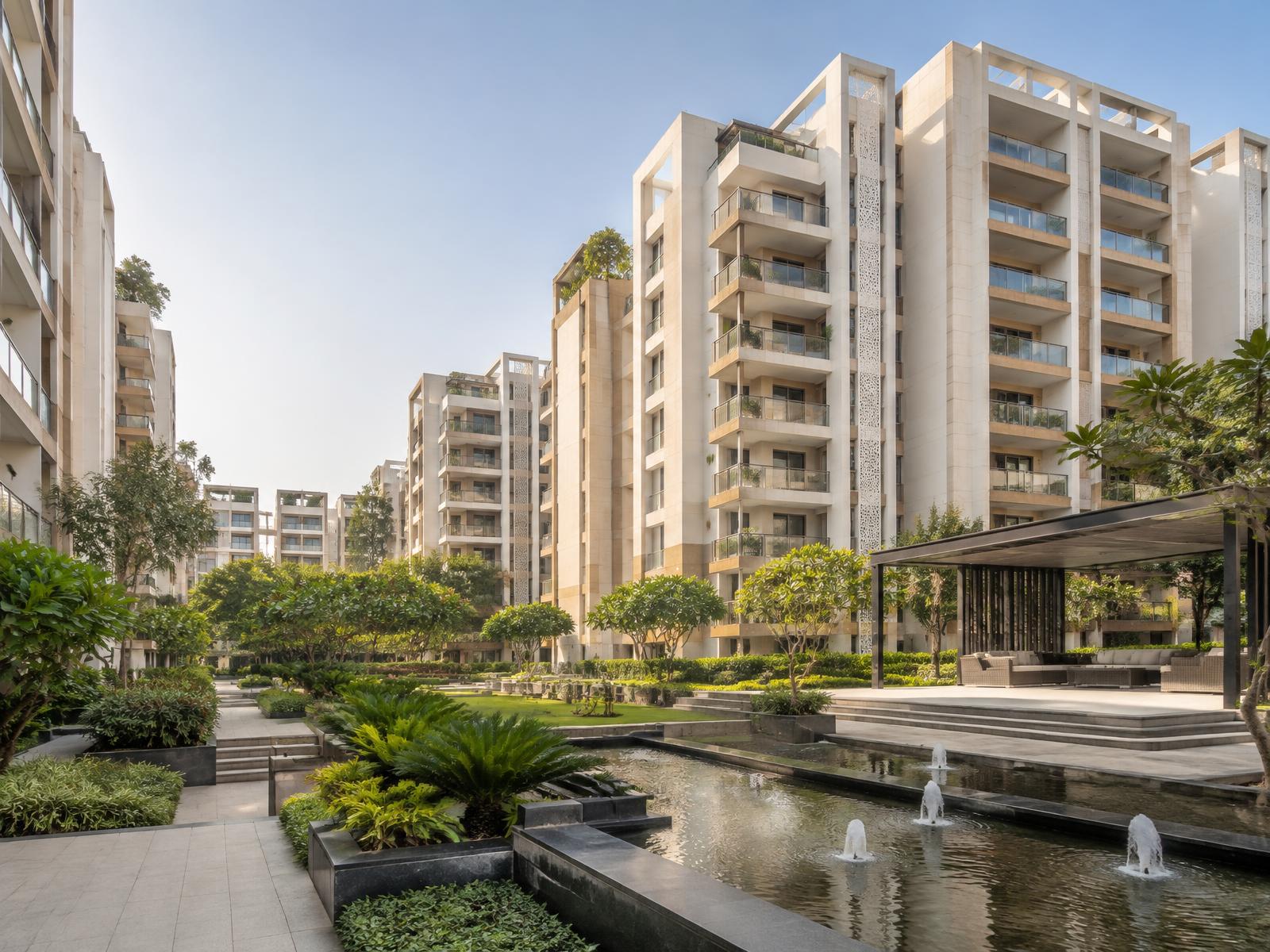 Landscaped contemporary residences in warm daylight